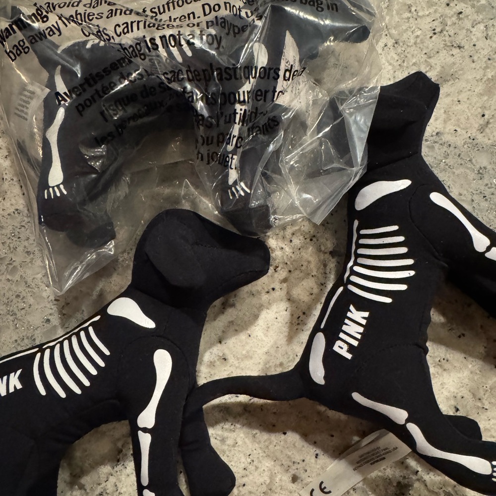 3 PINK Victoria's Secret Black Skeleton Dog Plushes